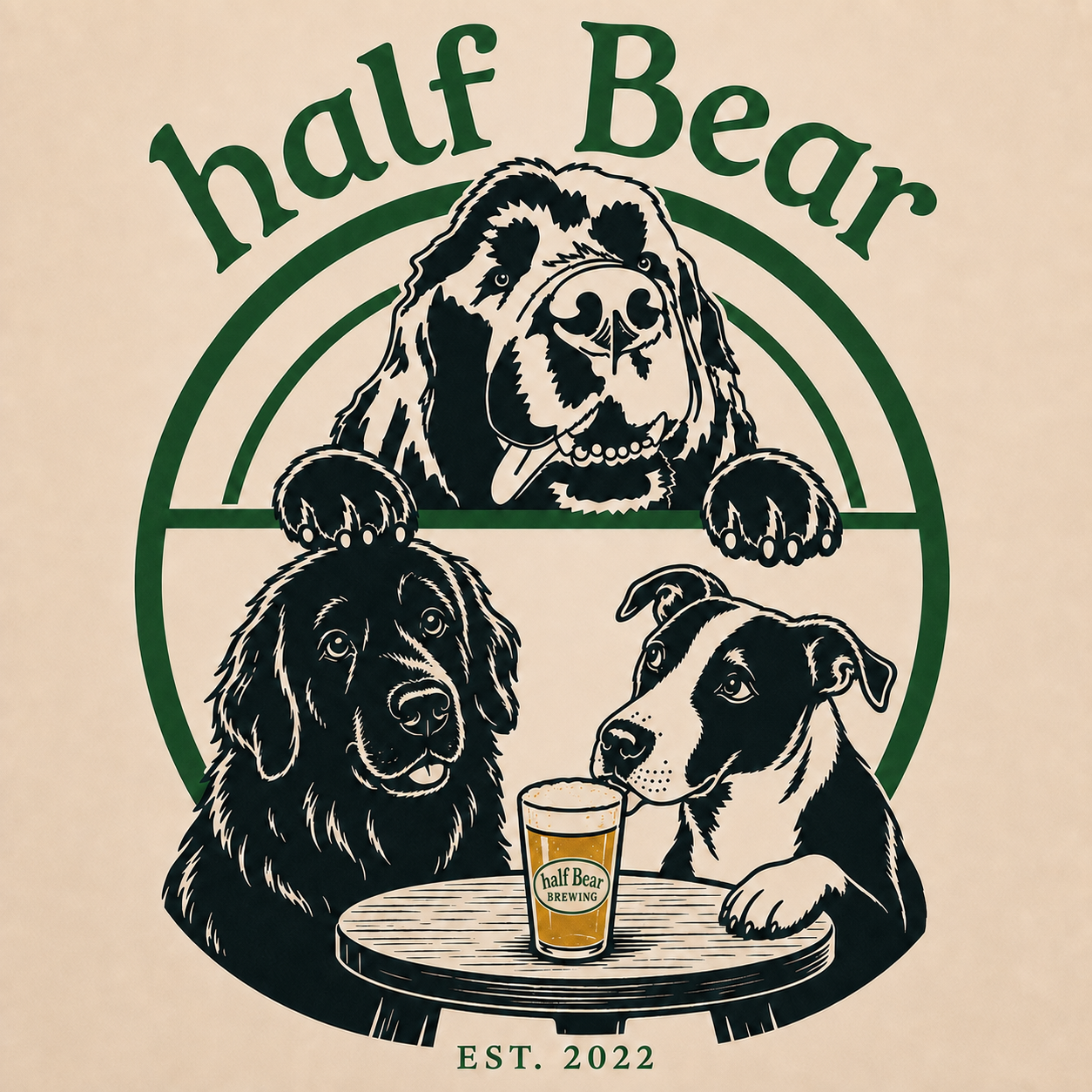 Half Bear’s three-dog illustration, gathered around a pint of beer. Established 2022.